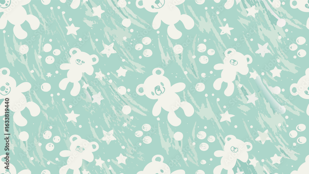 Poster a light blue background with white teddy bears stars and circles in a repeating pattern design style