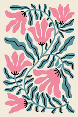 Colorful flat Illustration inspired by Henri Matisses cut out style, featuring abstract hand drawn pink flowers with leaves.