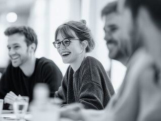 A DSLR photo with a cinematic feel, capturing a moment of laughter during a meeting. The background is pure white. The angle is candid and intimate, with great detail in full HD.