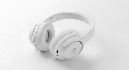 A pair of over-ear headphones resting on a white surface.