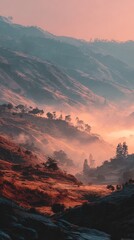 Fototapeta premium Misty mountain range at dawn. Soft hues of sunrise