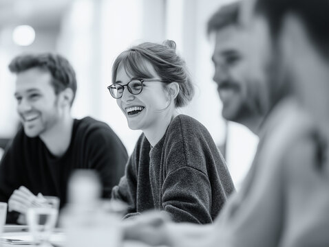 A DSLR photo with a cinematic feel, capturing a moment of laughter during a meeting. The background is pure white. The angle is candid and intimate, with great detail in full HD.