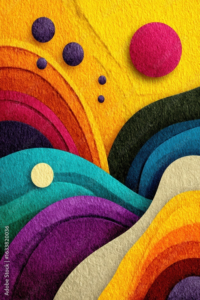 Poster abstract colorful layered waves and circles design against a textured yellow background