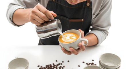 Barista Pouring Latte Art in Cup, Isolated on White Background
