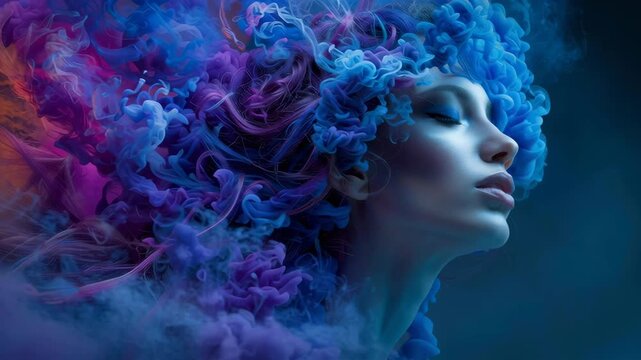 A beautiful woman with her hair made of colorful smoke, creative artistic portrait