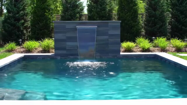 Stylish swimming pool with cascading water feature in a lush outdoor setting