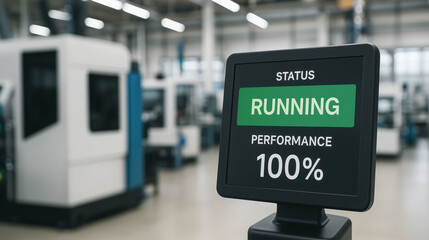 Factory computer screen showing 100 percent running performance in automated production line with industrial machines in background of modern manufacturing facility