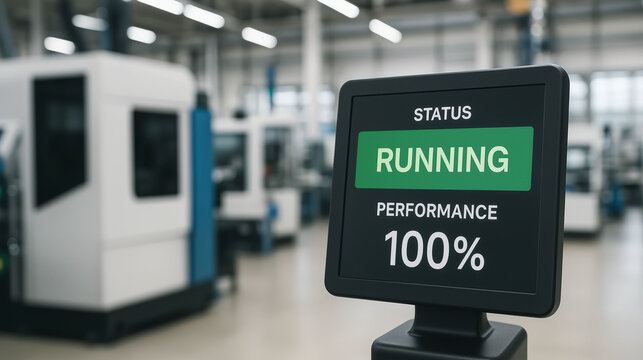 Factory computer screen showing 100 percent running performance in automated production line with industrial machines in background of modern manufacturing facility