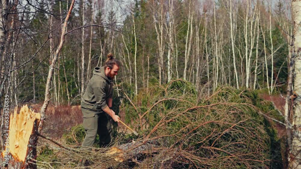 Poster man removing branches from tree trunk in the forest - wide shot