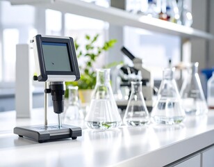 Lab equipment and glassware on a pristine white countertop