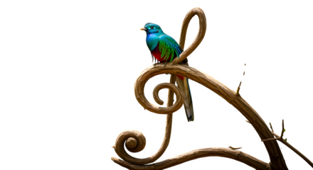 Colorful Parrot on Decorative Branch, Isolated on White Background