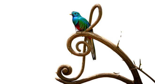 Colorful Parrot on Decorative Branch, Isolated on White Background