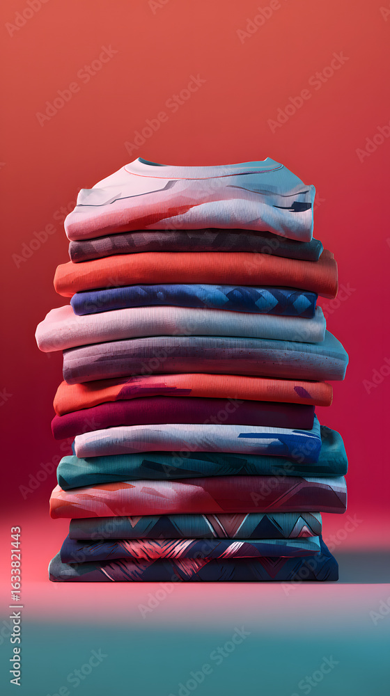 Poster Stack of Folded T-Shirts with Gradient Color Scheme and Geometric Patterns