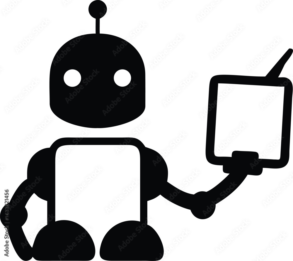 Poster simple black robot holding a square device with an antenna android artificial intelligence