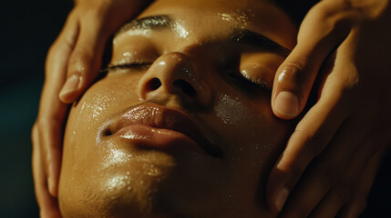 Close-up of a refreshing facial treatment being performed on a young man in a serene spa setting during a tranquil afternoon