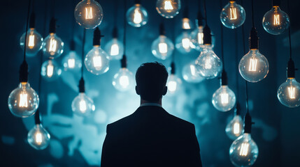 Man gazing at glowing light bulbs in a dimly lit room, creating an atmosphere of contemplation and inspiration