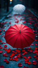 Red and white umbrellas contrast on a rain-soaked street adorned with scattered rose petals