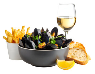 Mussels with French fries, toasted bread, lemon, and white wine, isolated on transparent png