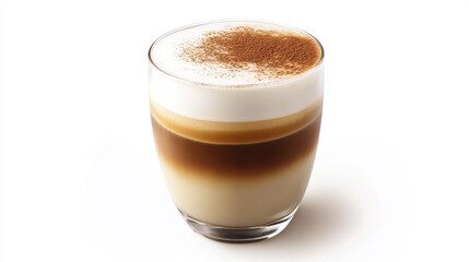 Delicious coffee served in a clear glass with a layer of frothy cream and cocoa on top, accompanied by whole coffee beans
