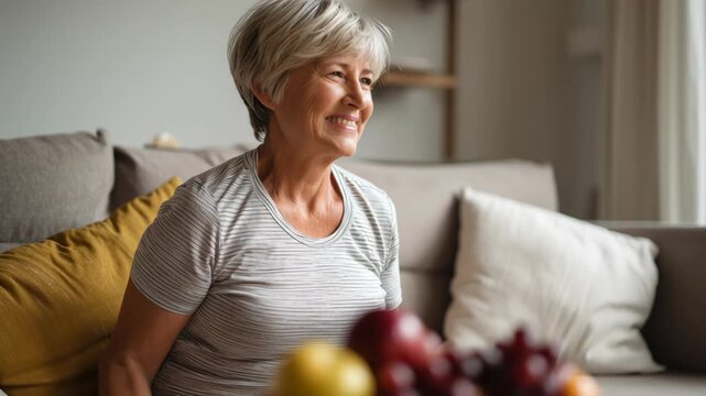 Older senior woman performing indoor dumbbell exercise at home focusing on healthy fitness routine with small weight in cozy living room setting promoting senior health and wellness