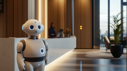Humanoid robot serves as customer service desk attendant in modern corporate lobby