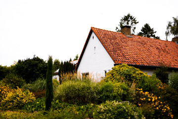 Charming cottage with red roof and lush garden in serene countryside setting