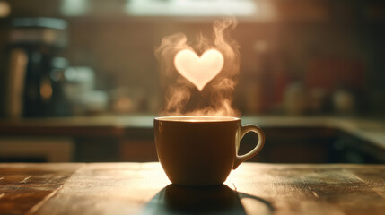 Warm coffee in a cup surrounded by roasted beans on a rustic wooden table