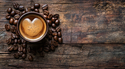 Warm coffee in a cup surrounded by roasted beans on a rustic wooden table