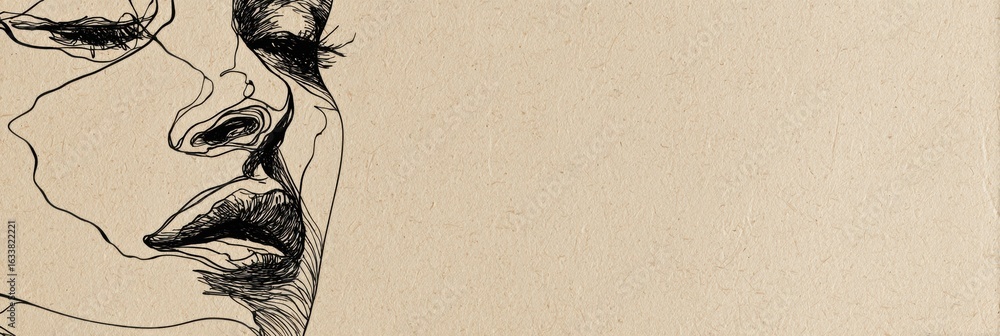 Poster monochrome minimalist face line drawing over textured cream background with upper area left blank fo