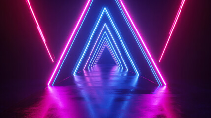 Vibrant neon lights create an immersive corridor experience with vivid colors and geometric reflections