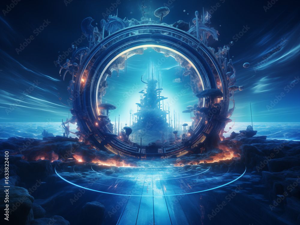 Poster step into another world with this futuristic gate, creating a portal to a bright future horizon