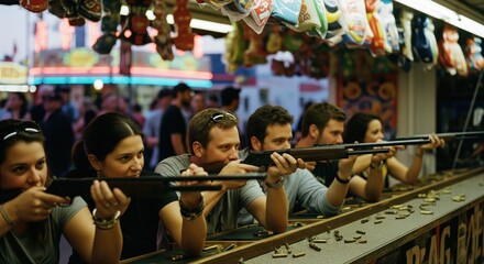 Friends playing shooting gallery game at a carnival fair at night.