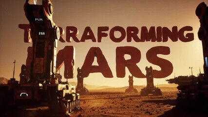 Terraforming Mars Title in Red Stone Texture with Machines Reshaping the Barren Landscape – Futuristic Space Concept

