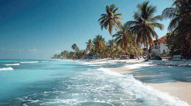 Tropical beach scene with palm trees and turquoise water - Powered by Adobe