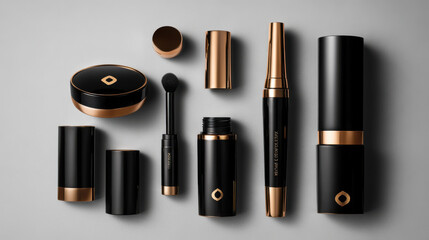 Black and gold cosmetic collection displayed on a dark surface highlighting beauty products and tools
