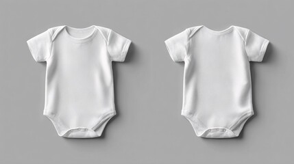 Minimalist white baby onesie mockup isolated on a neutral gray background, showing both clear front and back views.