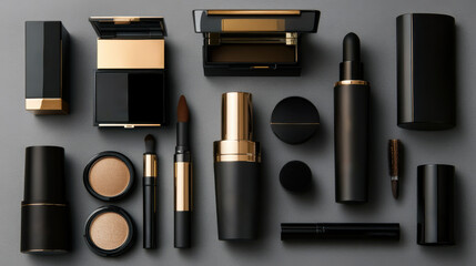 Black and gold cosmetic collection displayed on a dark surface highlighting beauty products and tools