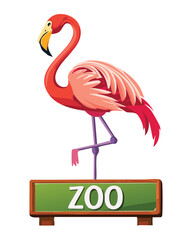 Happy Flamingo Standing On A Round Zoo Sign