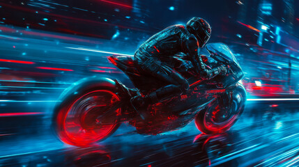 Motorcycle rider speeds through a futuristic cityscape illuminated by vibrant neon lights