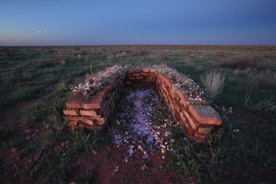 Brick-walled enclosure in a vast, flat landscape, filled with small wildflowers