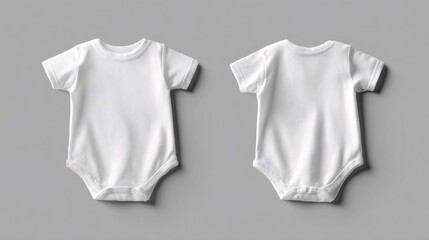 Minimalist white baby onesie mockup isolated on a neutral gray background, showing both clear front and back views.