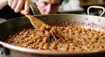 Chef making caramelized almonds in a copper pan.