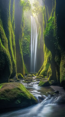 Waterfalls cascade through lush green cliffs in a tranquil forest setting at midday