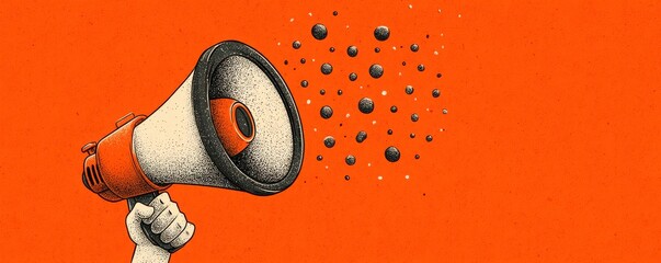 Stylized megaphone emitting abstract shapes on a vibrant orange background illustration