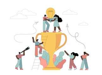 path to achieving the goal, flat men holding a light bulb in their hands, standing on the cup,...