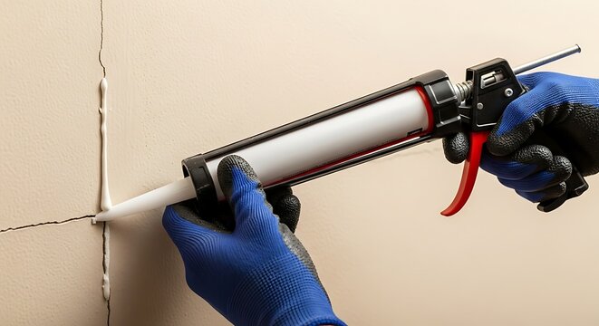 Skilled worker repairing crack with sealant gun for home improvement and maintenance projects