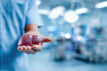 A person in medical scrubs holds a liver in a surgery room