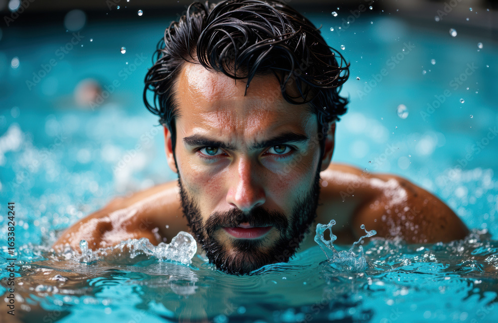 Poster man with dark hair and beard swimming in a pool with intense expression and water splashes around