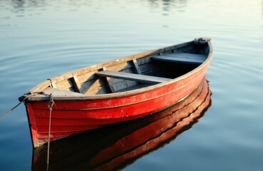 A red wooden boat floats calmly on a reflective body of water