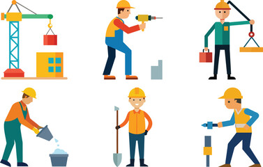 Vector art of construction workers operating heavy machinery and performing manual labor on a building site, isolated on transparent background